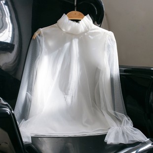 秋款新款洋气半高领网红打底衬衫女衬衣内搭网纱长袖上衣喇叭袖潮