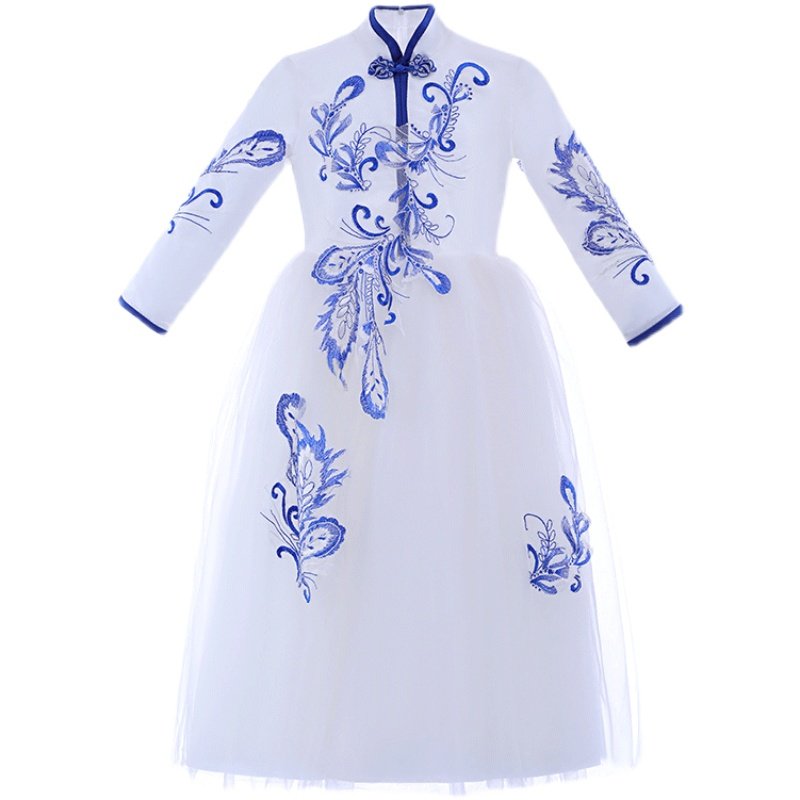 女童加绒公主裙秋冬古筝表演钢琴演出服儿童中国风高端礼服主持人