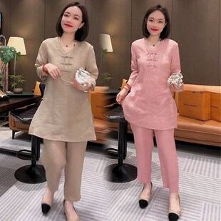 新中式气质高级感时尚套装女24夏季复古盘扣中长款t恤裤子两件套