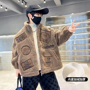 男童羊羔绒外套2023新款秋冬款中大童儿童加绒加厚毛毛衣摇粒绒潮