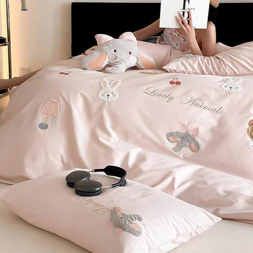 秋冬加厚全100S棉磨毛床笠四件套爱小象刺绣1.白2m被可套ATM床品