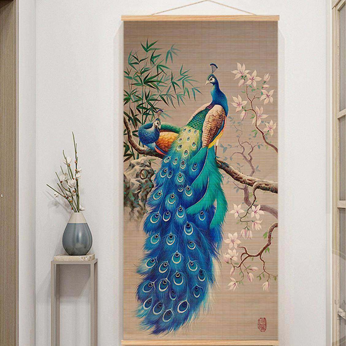 新中遇茶见挂孔雀装饰挂画竹式帘子覆古玄关招财图DHR案室客厅墙,家居饰品,现代装饰画,淘宝优惠券,粉丝福利购,淘宝优惠卷