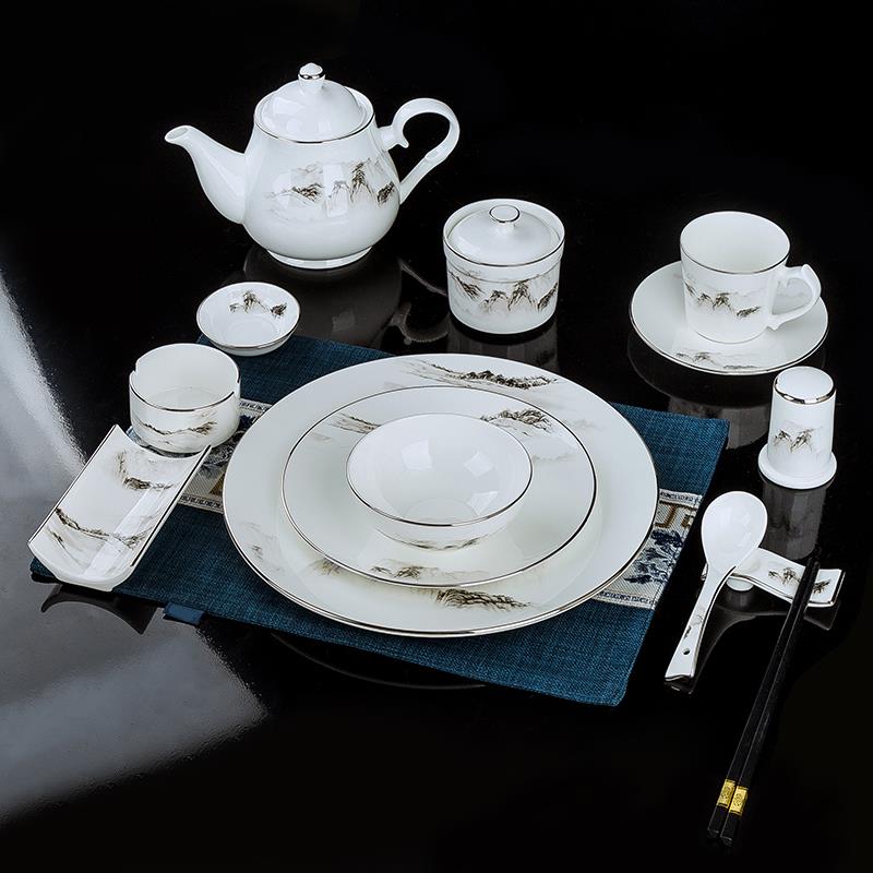 新中式餐具定IPY摆台套装陶碟瓷碗盘勺制餐会所四件套酒店摆台厅