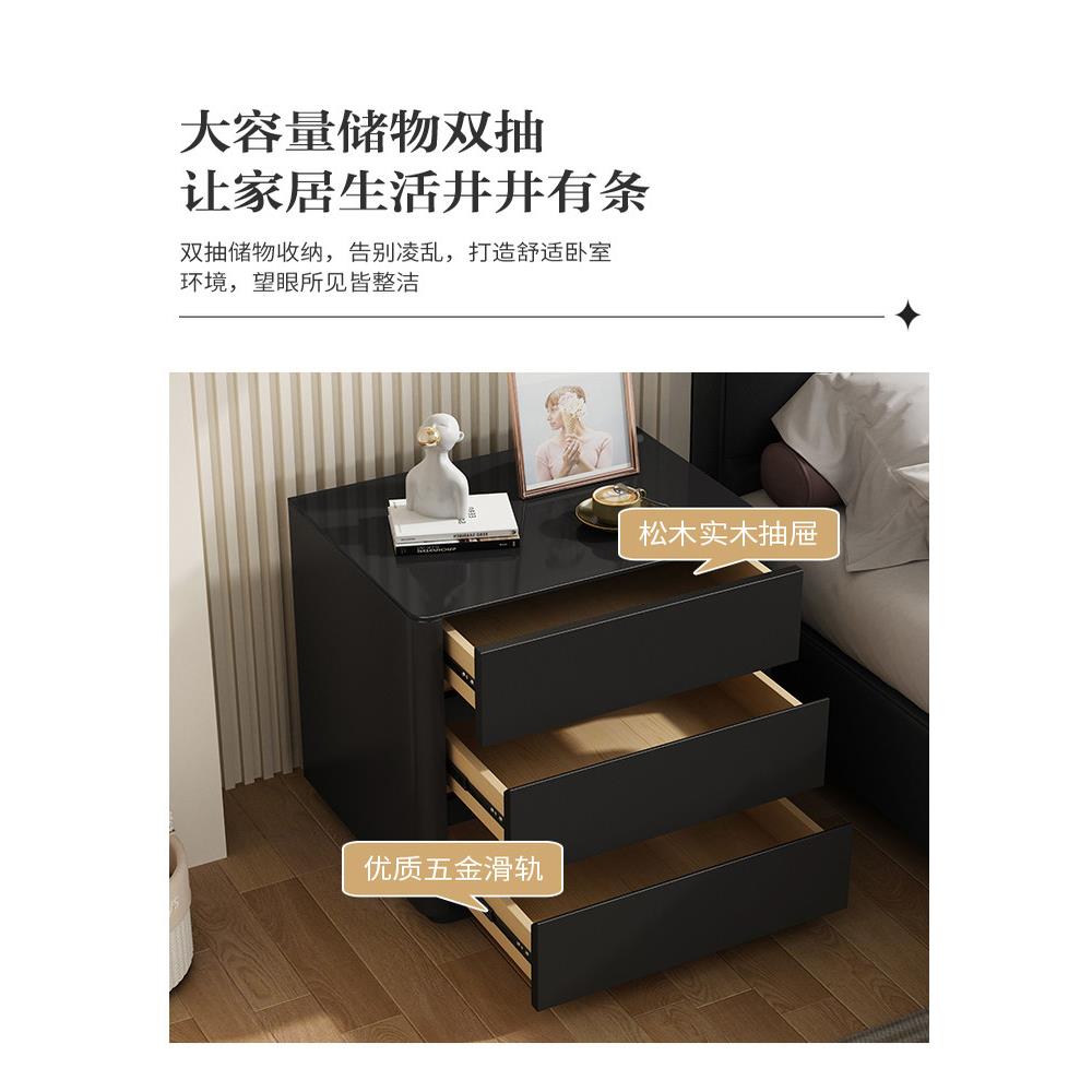 全物004柜实木黑色烤漆三抽抽岩板床头柜屉轻奢实木床边柜高级感