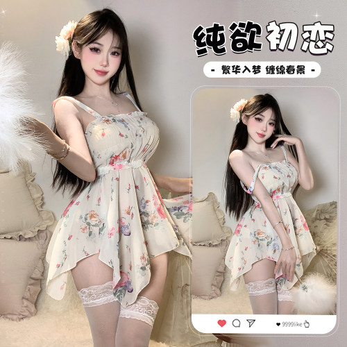 法式碎花吊带睡裙套装