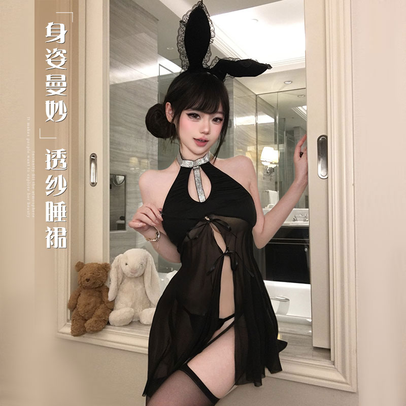 新款性感网纱透视连衣裙古典纯欲镂空制服诱惑免脱睡衣套装qqny女