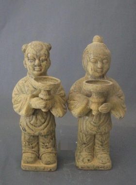 宋越窑金童玉女人物像烛台油灯陶瓷摆件展柜博古架收藏仿古老物件