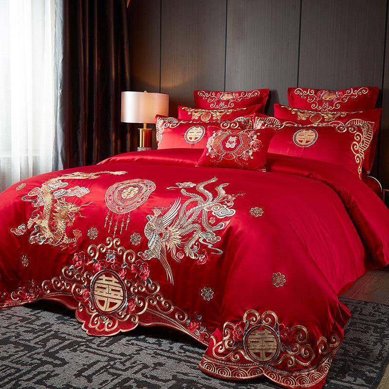 结婚庆四件套婚大红H001色全棉刺床单婚嫁床品喜被套床盖十件1.8m