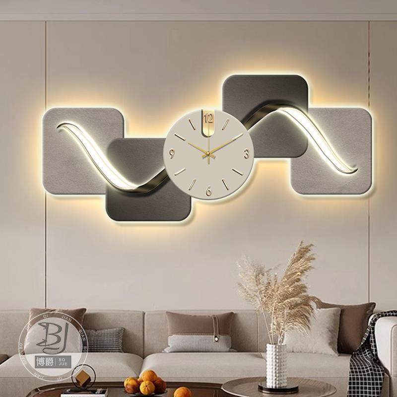 客抽象横幅景厅装饰画 画壁灯创意时钟高感带静音钟表画画沙发背