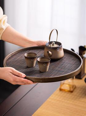 竹制日式盘家用长方形客厅放NMC茶杯水杯轻盘奢圆形托水茶果盘藤