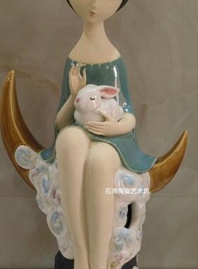 中式陶瓷玉兔仕女手工艺摆件桌面门厅博古架创意装饰石湾公仔兔子