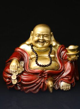 宽和车载纯黄铜摆件弥勒佛彩铜小号桌面办公室客厅汽车创意装饰品