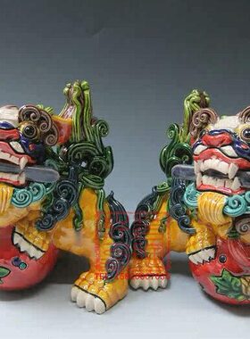 陶瓷工艺品 石湾公仔 交趾陶 招财剑狮