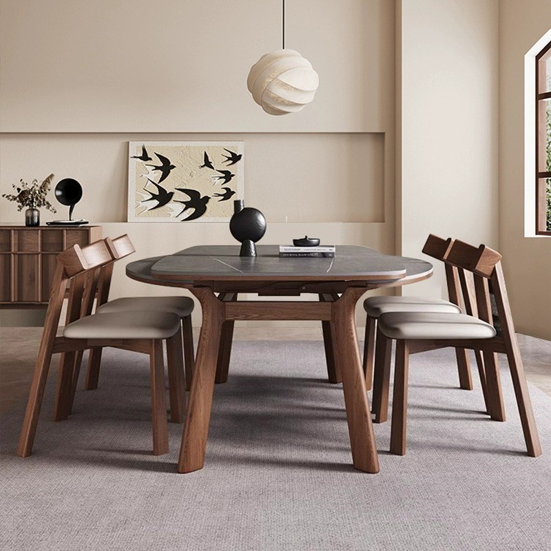 伸缩岩板餐桌椅现代简约家用小y户型可方变圆实木饭桌方圆两用餐