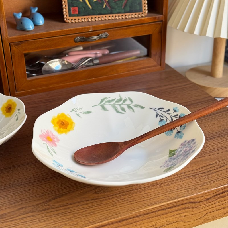 北府 釉下彩阿莲娜骨q瓷花瓣汤盘菜盘花边甜品盘早餐盘深盘可微波