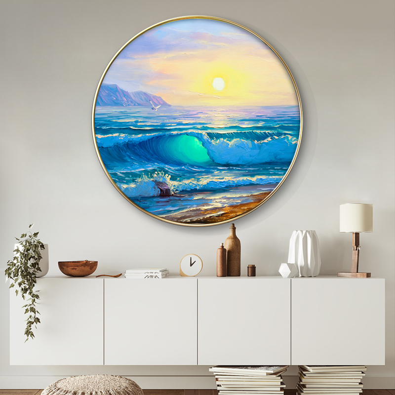圆形装饰画现代玄关简约竖版日出海景走廊过道壁画墙画挂画晶瓷画
