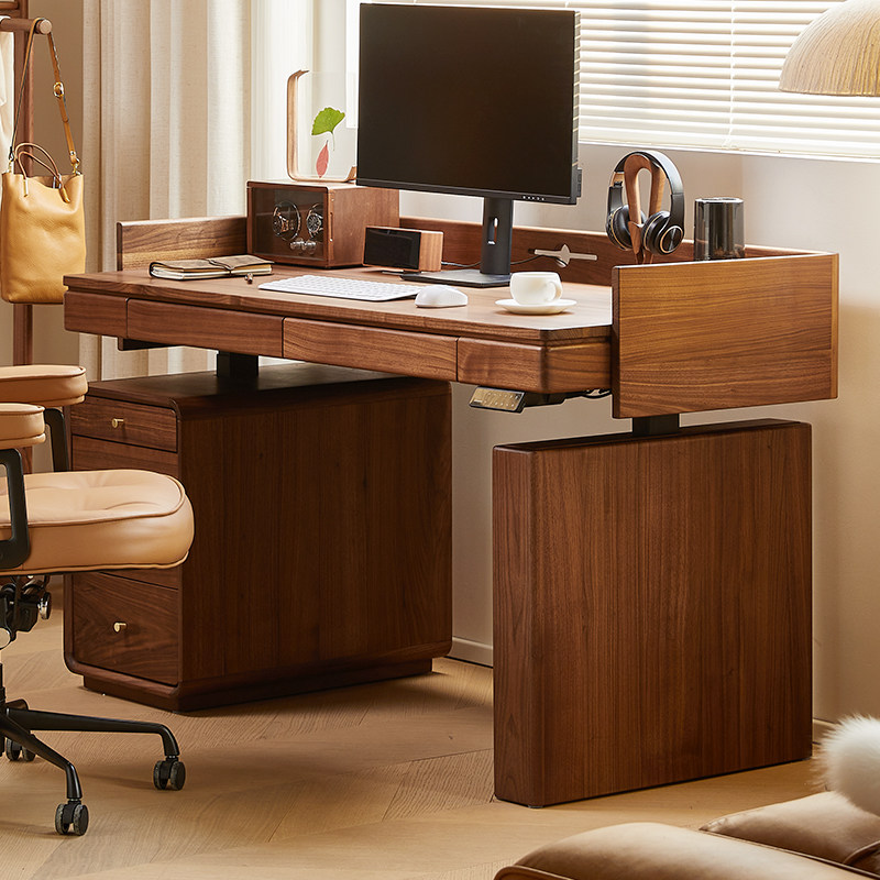 北美黑胡桃木电动升降书r桌智能实木升降办公桌电脑桌双电机工作