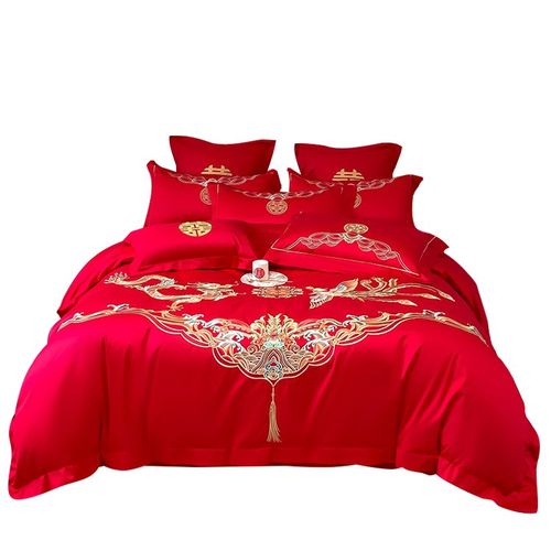 结婚四件套纯棉全棉婚庆床上用品龙凤被套女方陪嫁新婚礼物床单红