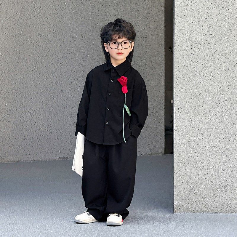儿童春季衬衫2025新款男童纯色长袖衬衣宝宝韩版宽松打底百搭衬衣