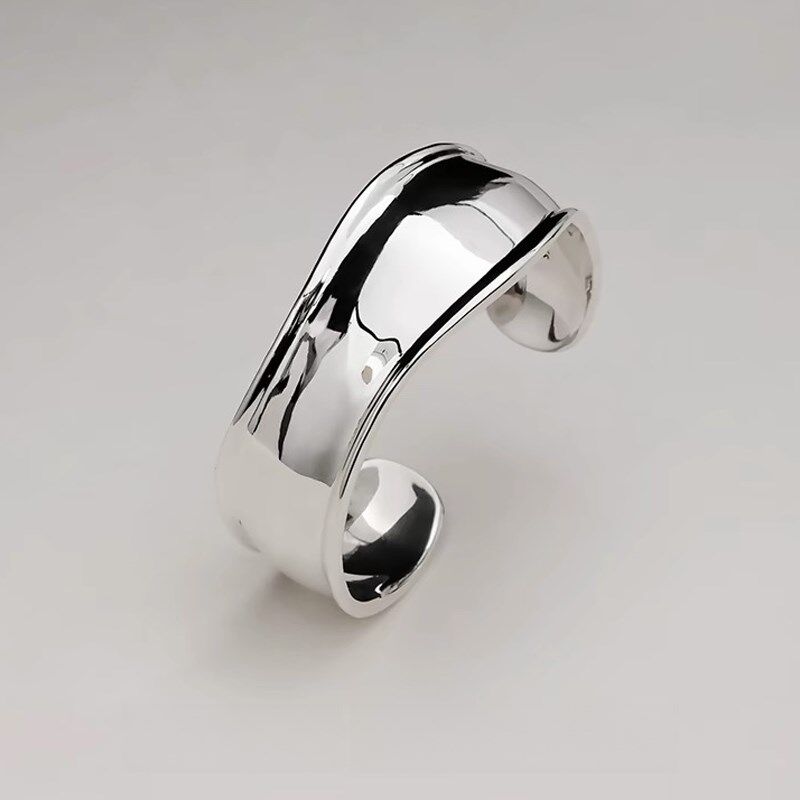 不规则宽边开口手镯女小众设计高级时髦重工光面弧形银色百搭手环