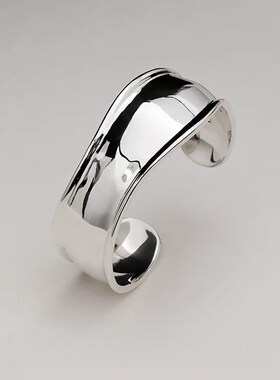 不规则宽边开口手镯女小众设计高级时髦重工光面弧形银色百搭手环