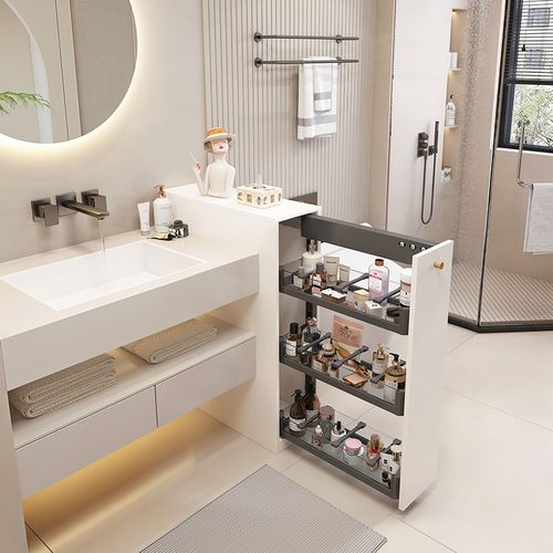 浴室边柜侧柜岩板洗漱台卫生间收纳夹缝柜拉篮半墙防水隔断窄柜