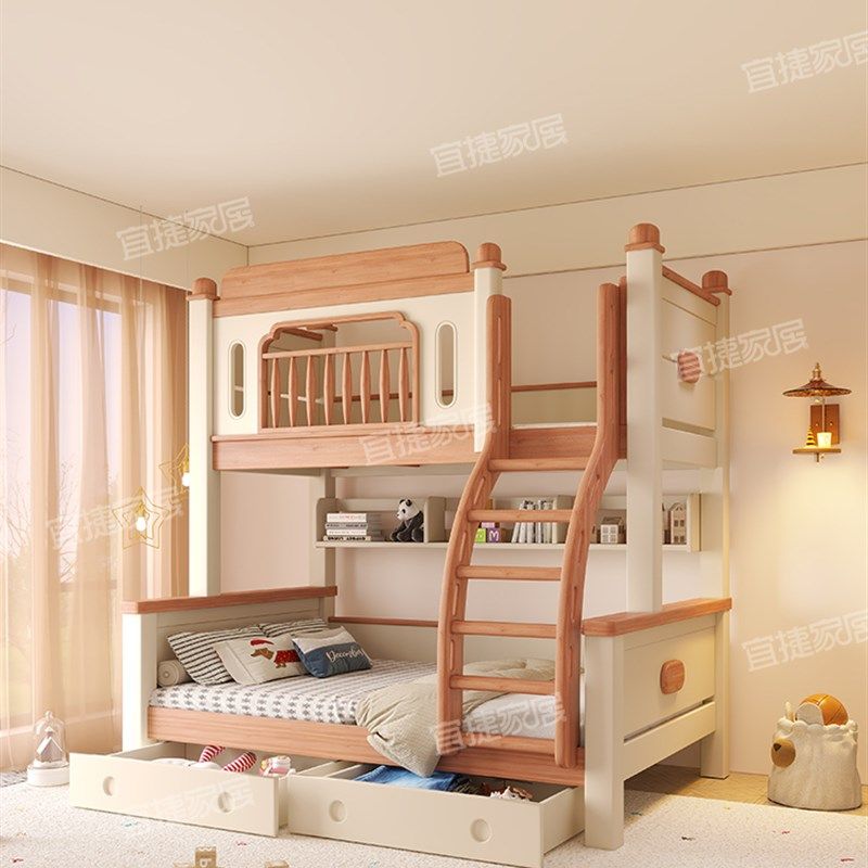 采购产品核桃高护栏双层床,全实木,加厚和加强,儿童高低双层床,双