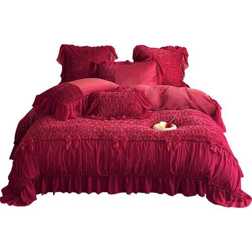 法式漫婚庆风牛奶浪绒件套冬季保暖珊瑚绒四LP-9900公主被套毛绒