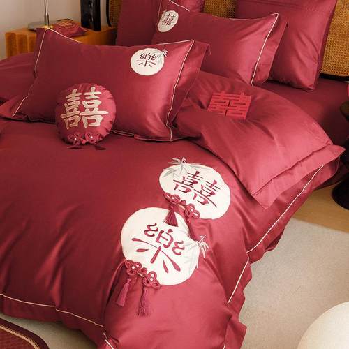 浪刺漫婚庆端高双长绒棉四件套中式喜乐CJB股绣大红色结婚被套床