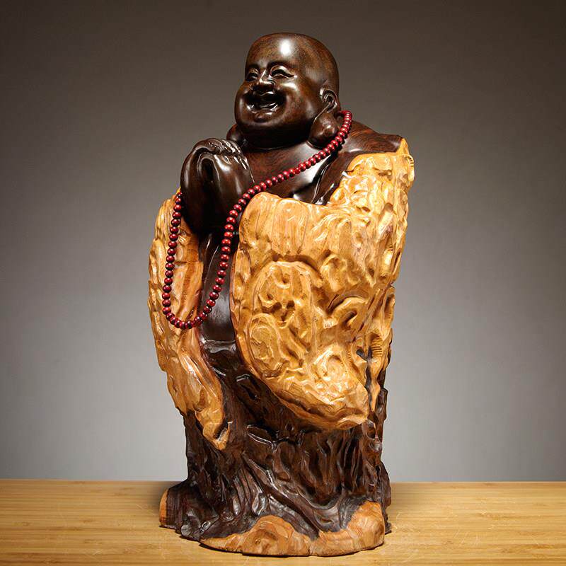 檀实木雕刻弥勒佛根黑雕摆件质号笑MHQ0162佛工艺礼品摆饰红木家
