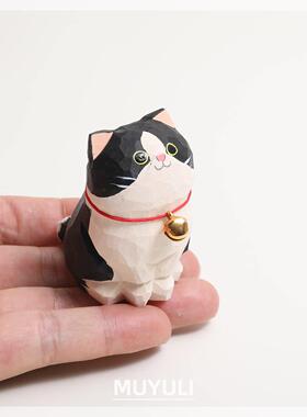 手工木雕奶牛猫稳摆猫QYH件可爱咪办公室桌面工位定情绪装饰礼丨