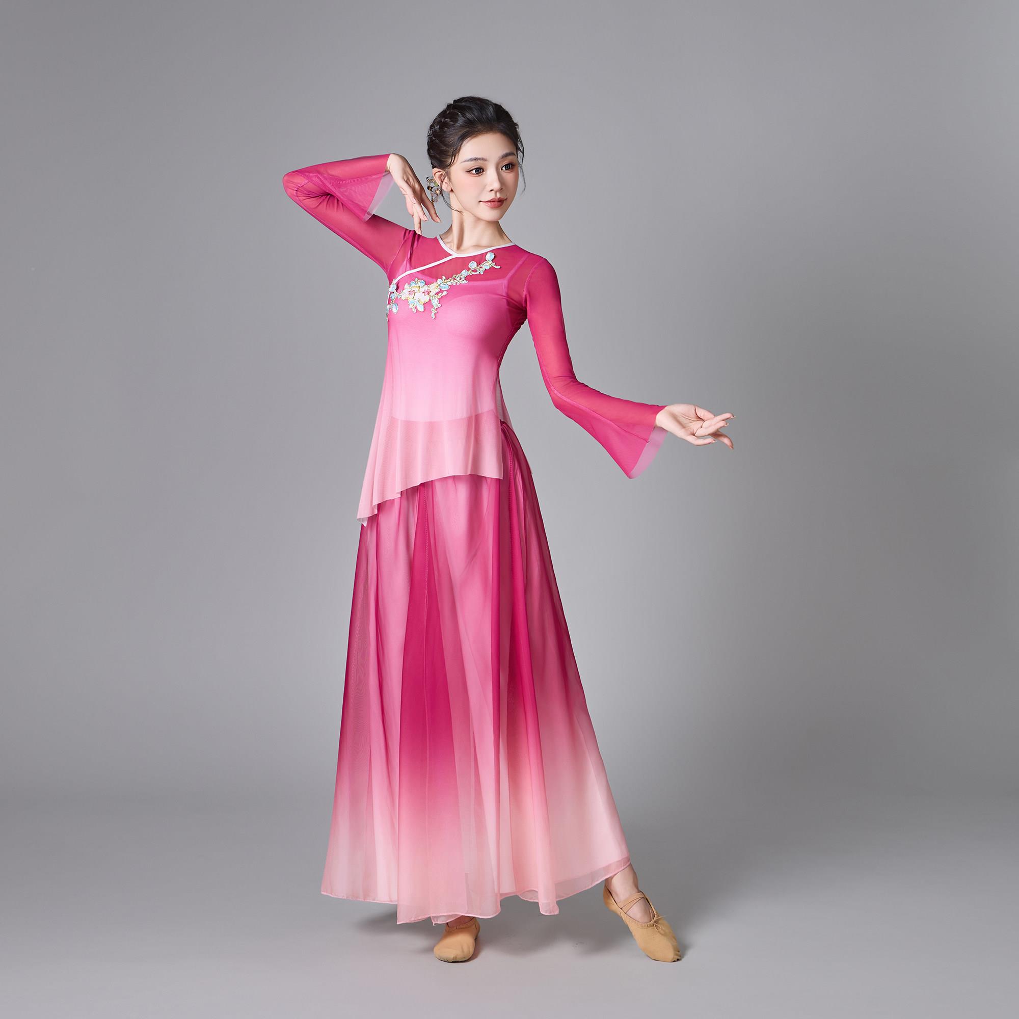 粉金绣花舞纱衣舞蹈典服渐国变色飘逸大摆裙裤练功古服中风扇子舞