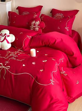2025亮新款套丝缎面刺绣婚庆四件红床色结婚陪嫁婚房喜被FHC婚上