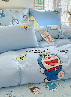 ins蓝色啦A梦毛巾绣水洗棉床四件件套被罩哆学生宿舍床RIZ单上三