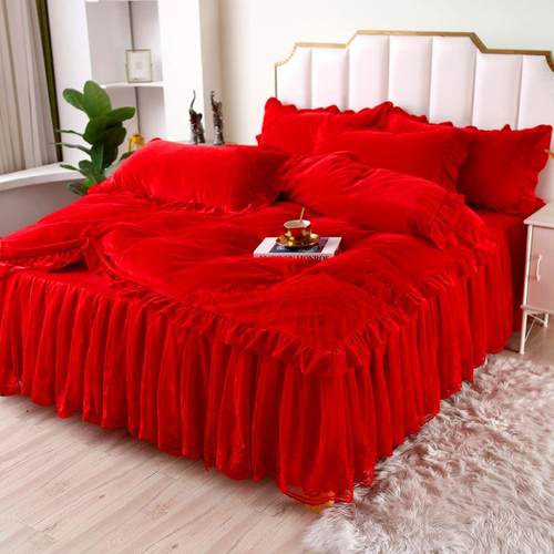 绒冬季红色结婚婴WLJ10儿牛绒床裙款四件套珊瑚绒绒奶婚庆乔迁用