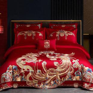 恒家纺新高中式婚全棉床单四件套端龙凤结UFZ婚洽被套床庆盖床上