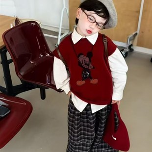 男童秋季套装2025新款儿童卡通毛衣马甲衬衫格子裤宝宝韩版三件套