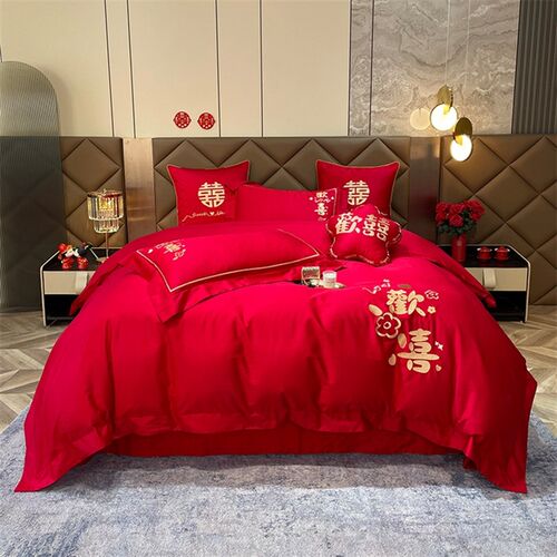 高档婚庆纯棉刺绣四件套大红龙凤结婚全棉新婚房中式简约床上用品