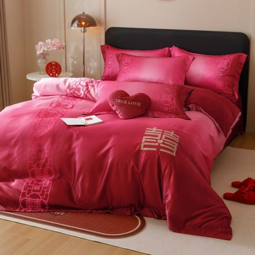 中式渐变刺绣红色婚庆四件套新婚陪嫁纯棉高级感被套床单床上用品