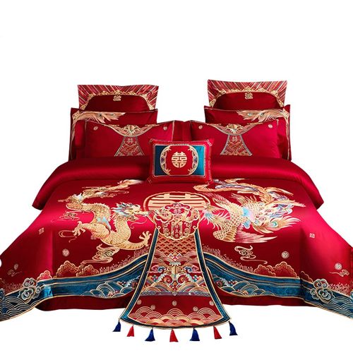 120支全棉婚庆四件套大红色长绒棉龙凤刺绣结婚纯棉喜被床上用品4