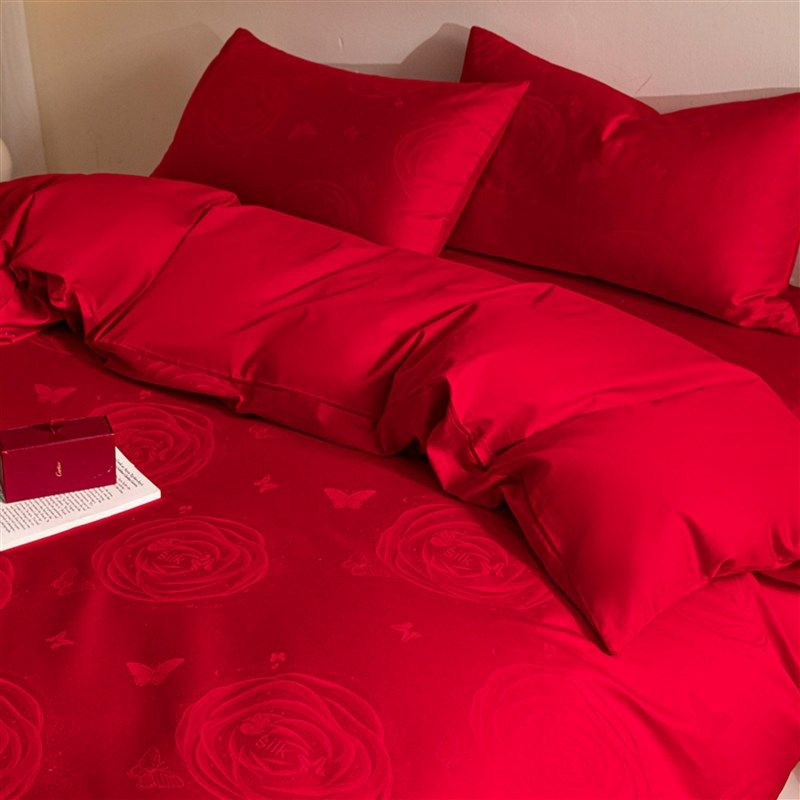 婚庆四件套纯棉全棉贡缎喜庆结婚床上用品大红床单被套新婚4件套