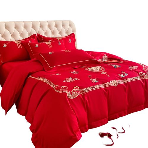 高档中式百子图结婚四件套大红色床单被套纯棉新婚庆床上用品婚房