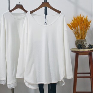 加绒t恤简约韩版 白色v领打底衫 胖mm200N斤长袖 宽松大码 女2024新款