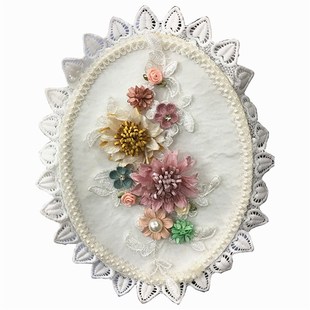 椭圆形帘头装饰贴画白色蕾丝边珍珠花朵贴花刺绣布贴窗帘辅料配件