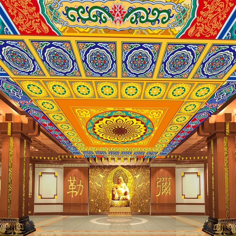 竹木纤维廊柱天花板吊顶墙板中式酒店壁画彩绘花纹壁画横梁墙板