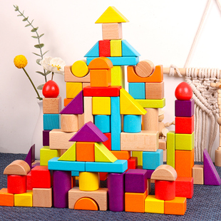 可啃咬儿童宝宝1一2 3岁益智玩具 木头积木桶装 榉木原木大颗粒拼装
