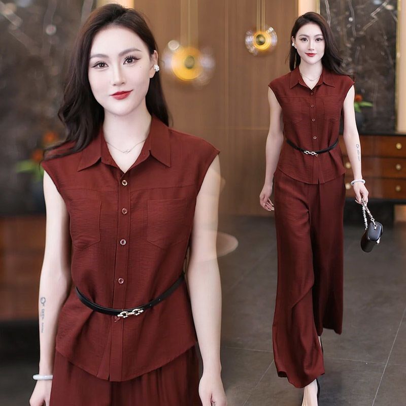 时尚套装女2025夏季新款洋w气遮肉显瘦雪纺衬衫阔腿裤气质两件套