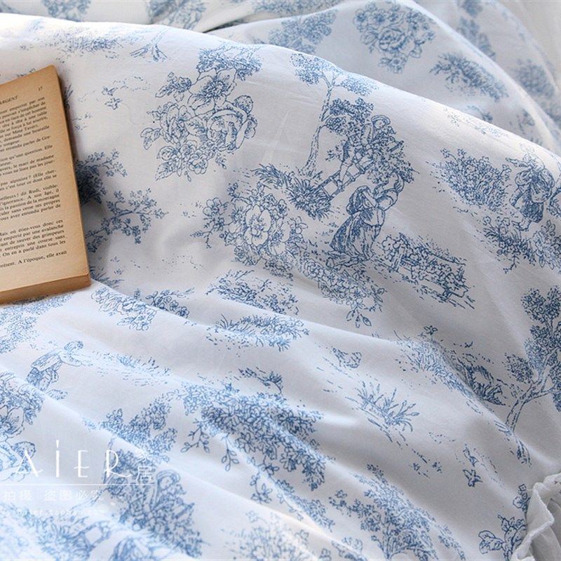 法式田园公主风青花人物画绣花全棉纯棉床裙款床上用品被套四件套