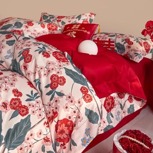 简约陪嫁结婚四件套大红色新婚床单被套纯棉婚庆床上用品婚房喜被
