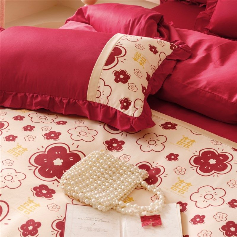 法式浪漫100S长绒棉全棉新婚庆四件组纯棉荷叶边被套结婚床上用品